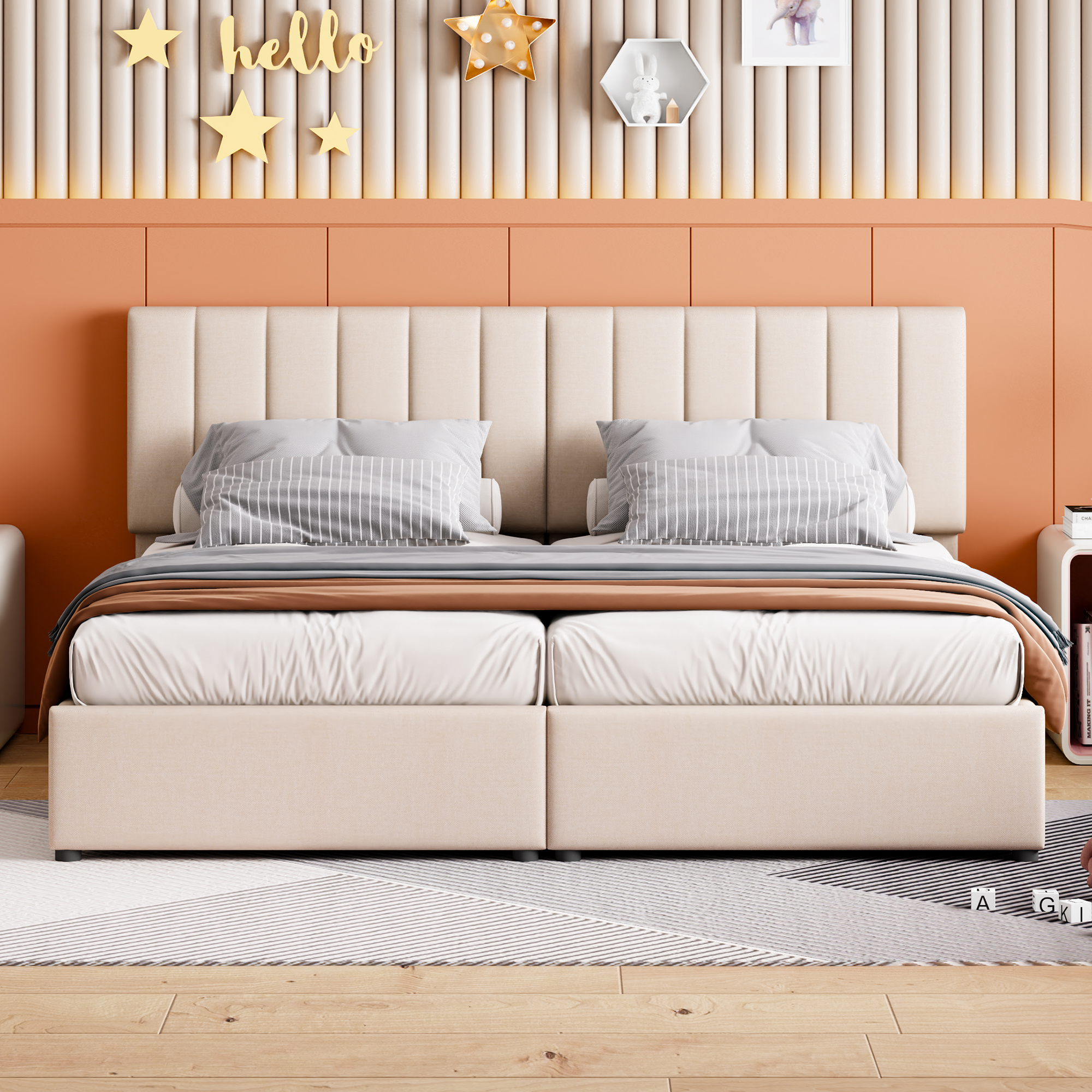 Lit Coffre 180x200 Cm, Lit Adulte Avec Espace De Rangement, Tissu En Lin Beige, Sans Matelas