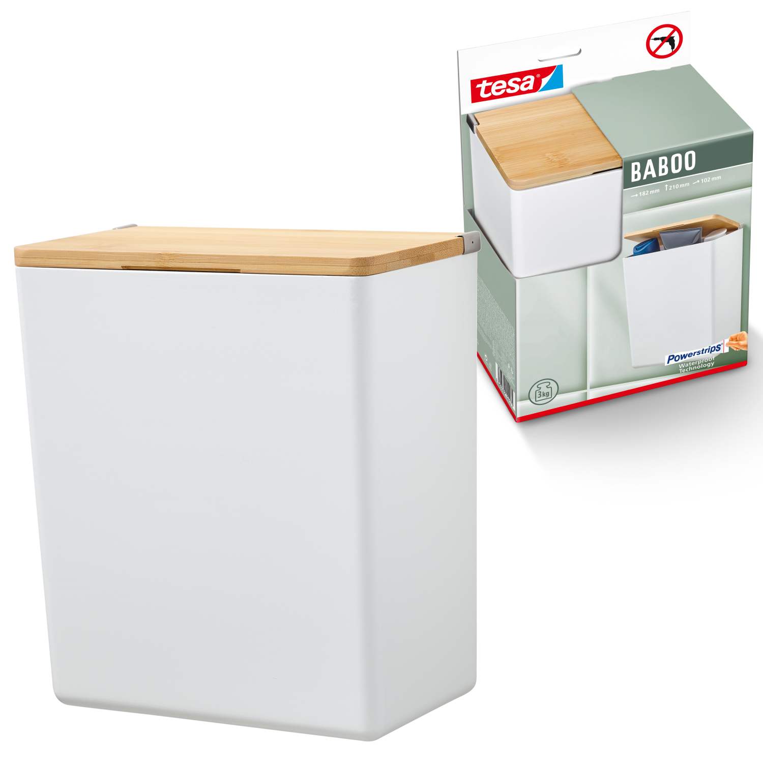 Baboo L Badorganizer Mit Bambus-deckel, Matt-weiß - Bad-aufbewahrungsbox Zur Wandmontage Ohne Bohren, Inkl. ® Powerstrips Waterproof Strips Xl - 182 Mm X 210 Mm X 102 Mm - Tesa