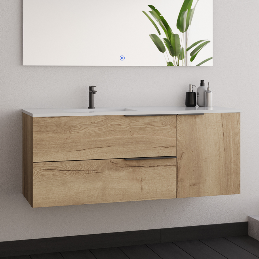 Meuble De Salle De Bain 120cm Vasque Deportée - 2 Tiroirs - Sans Miroir - Roble (chêne Clair) - King