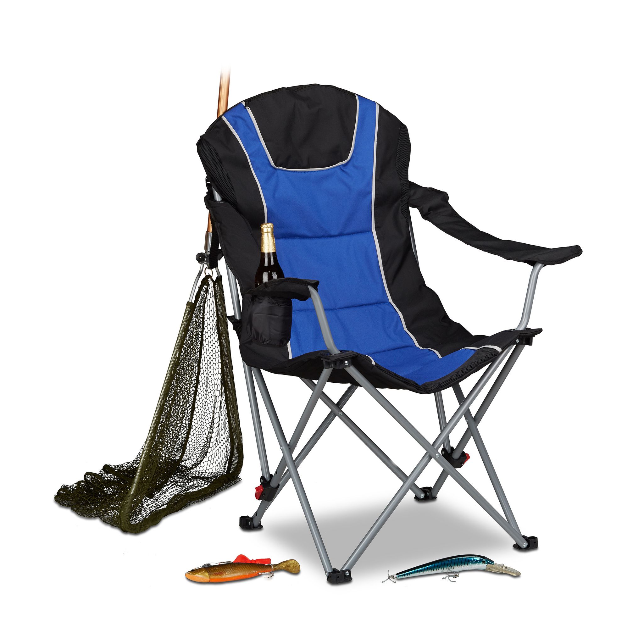 Sedia Da Campeggio, Pesca Pieghevole Schienale Imbottito Regolabile Richiudibile Hxlp: 108x90x72 Cm Blu Nero - Relaxdays