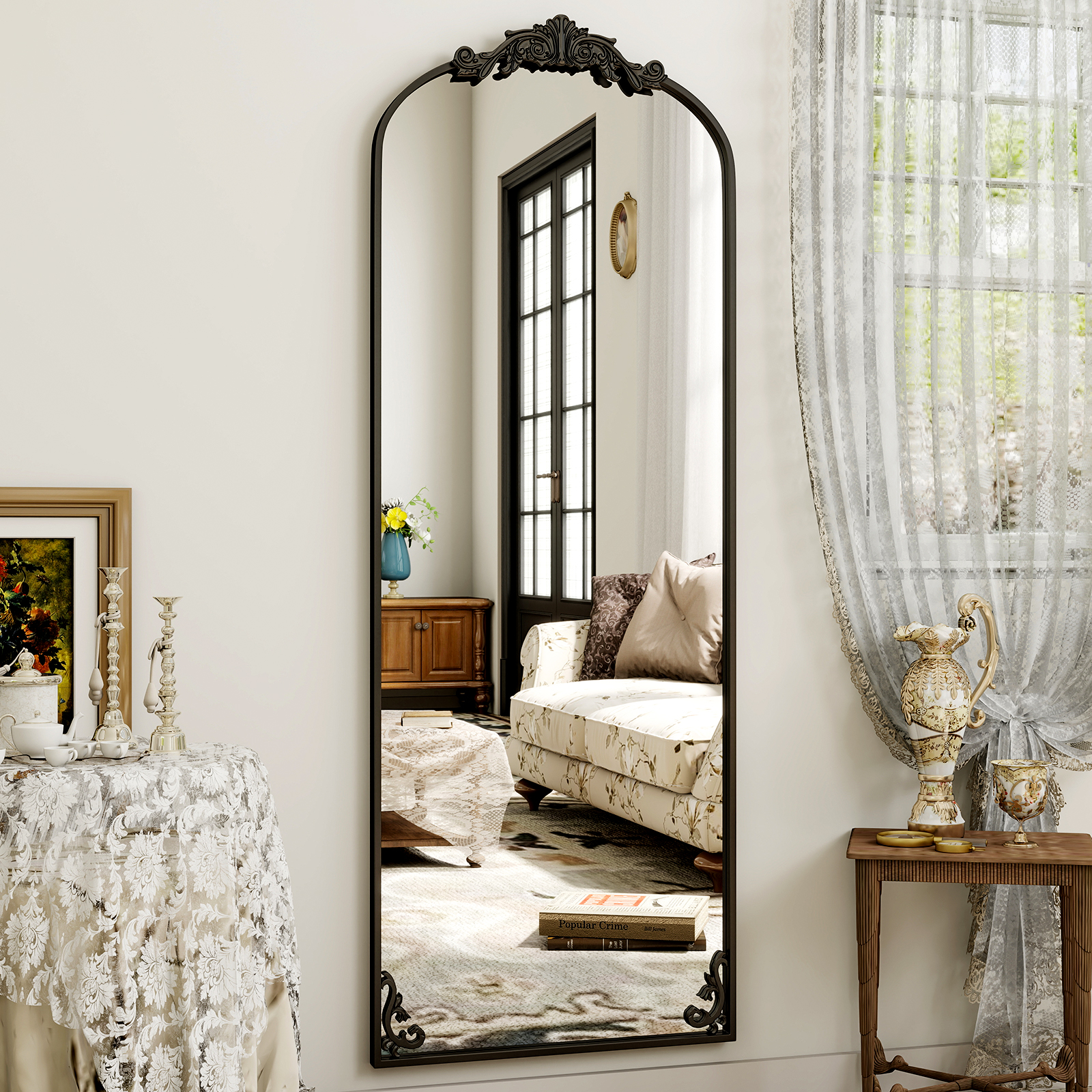 Koonmi Miroir Sur Pied Vintage - 80 X 180 Cm - Cadre Gravé - Noir