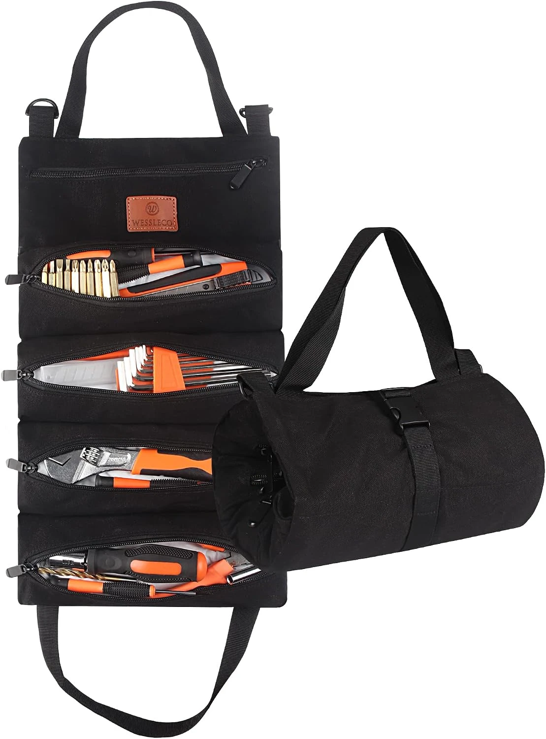 Sac à outils enroulable en toile, 5 poches zippées, 47 x 28 cm, noir