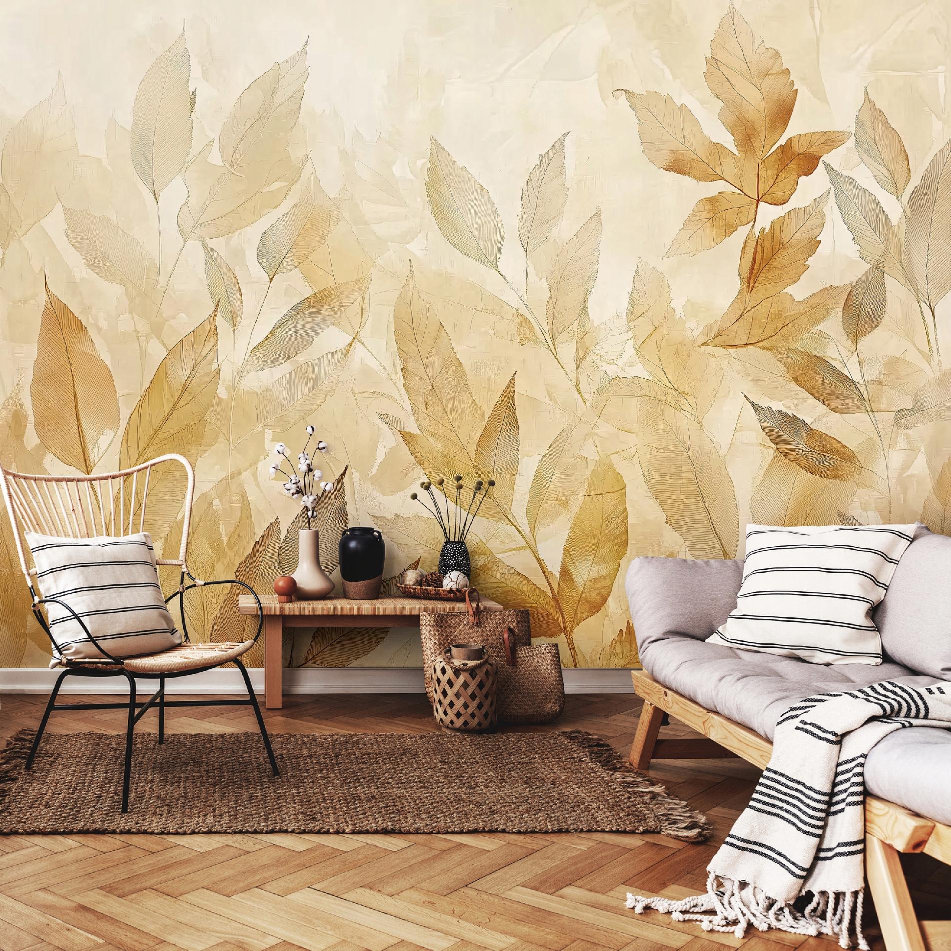 Wallarena Vlies Fototapete Blätter 300x210 Cm, Tapeten, Für Wohn Und Schlafzimmer, Vliestapete Wandtapete Tapete 3d Effekt- Inkl. Kleister - Boho Orange Gelb