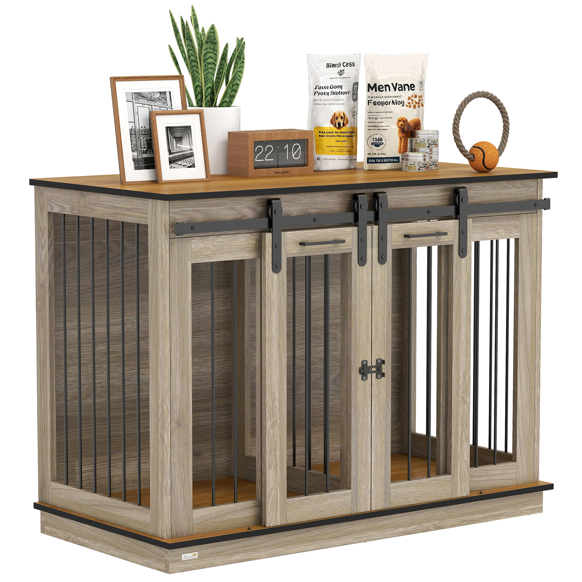 Hundekäfig Möbel Mit Zweiraum-option, 2 Türen Moderne Metall Hundebox Für Zuhause Indoor Hundehütte Für Große Hunde Bis Zu 30 Kg Hundehaus 120 X 60 X 88,5 Cm Eiche - Pawhut