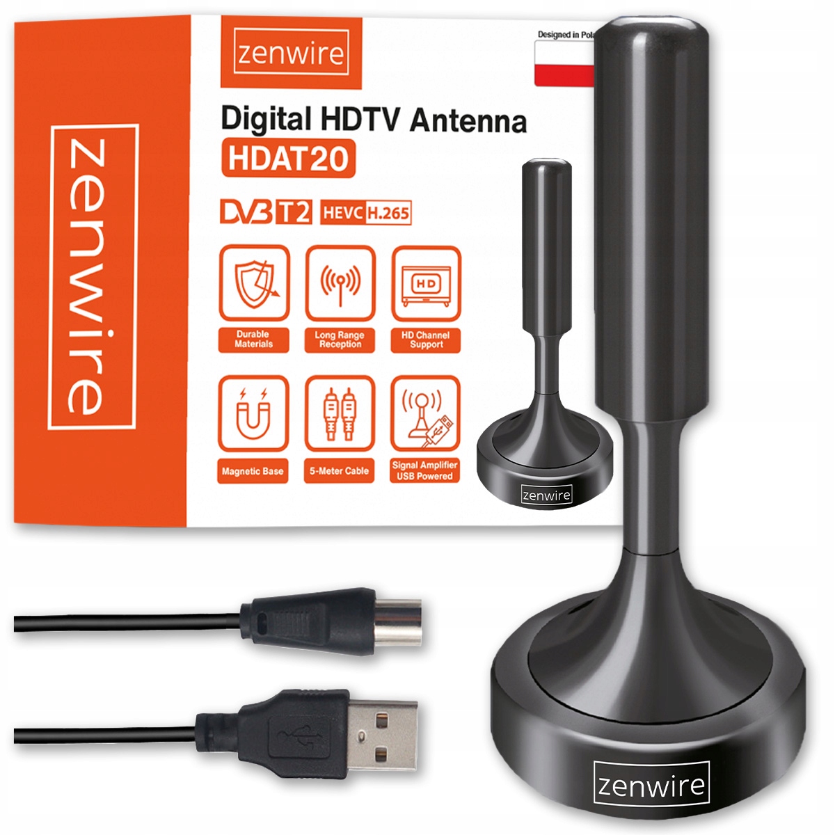 Grondantenne TV-antenne Kamer DVBT2 HEVC H.265 Intern Sterk 5M Zenwire HDAT20