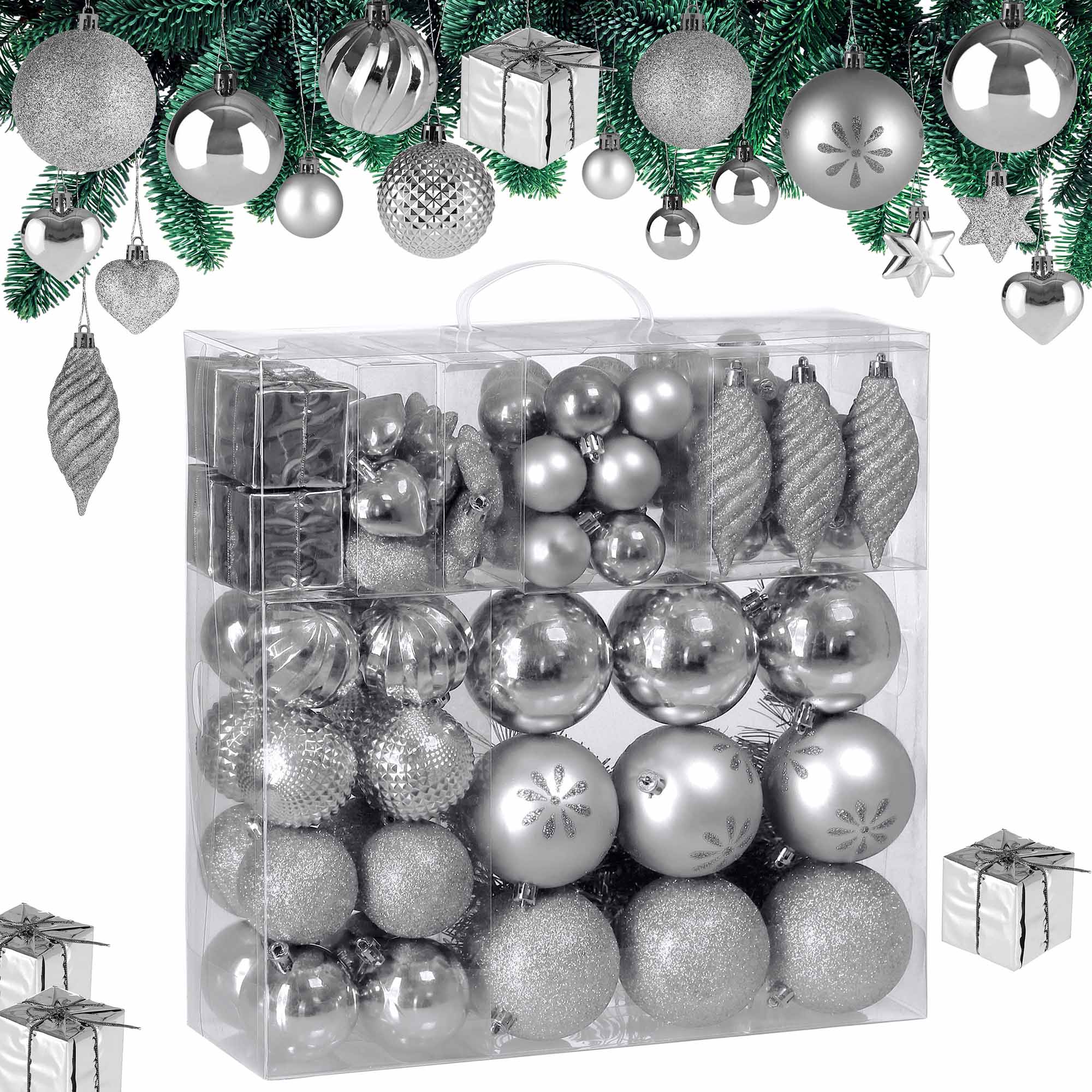 Casaria® Weihnachtskugeln 103er Set Christbaumkugeln Weihnachtsbaumkugeln Weihnachtsbaumschmuck Silber