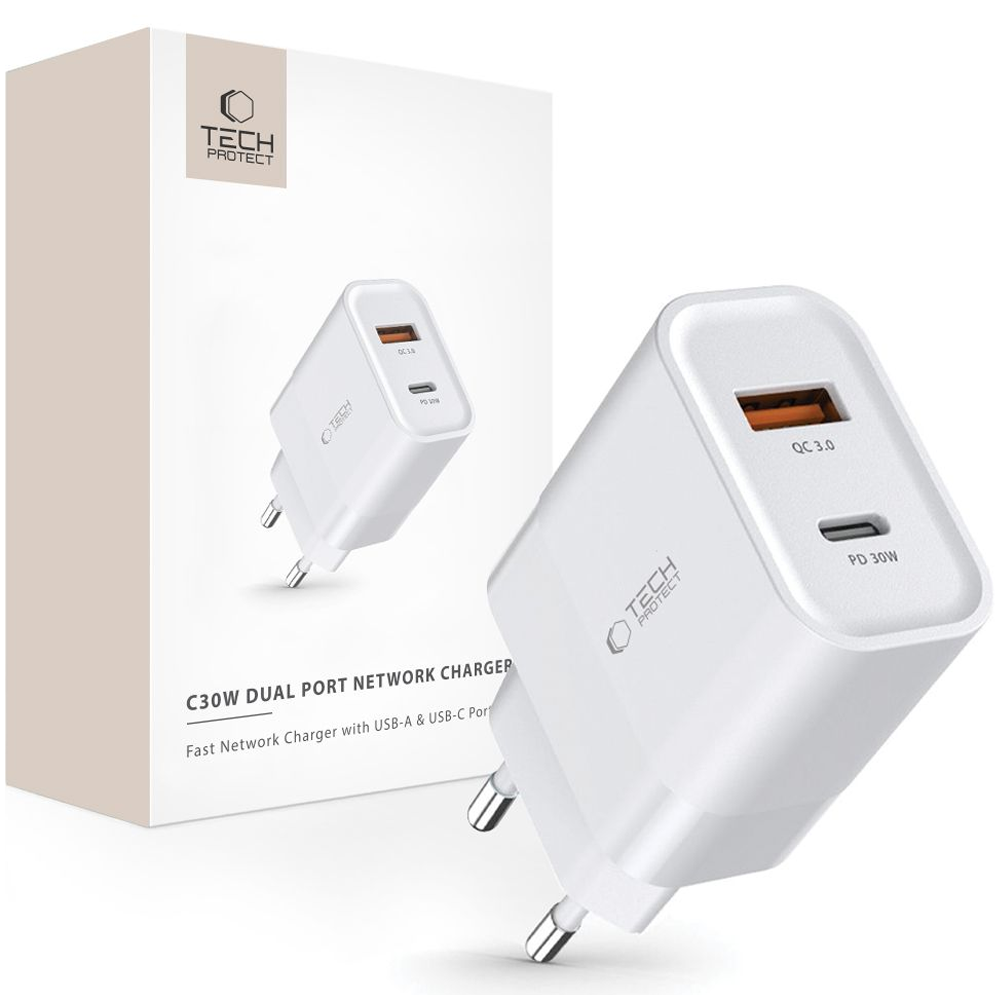 Oem Tech-Protect C30w 2-Port-Netzwerkladegerät Pd30w/Qc3.0 Weiß
