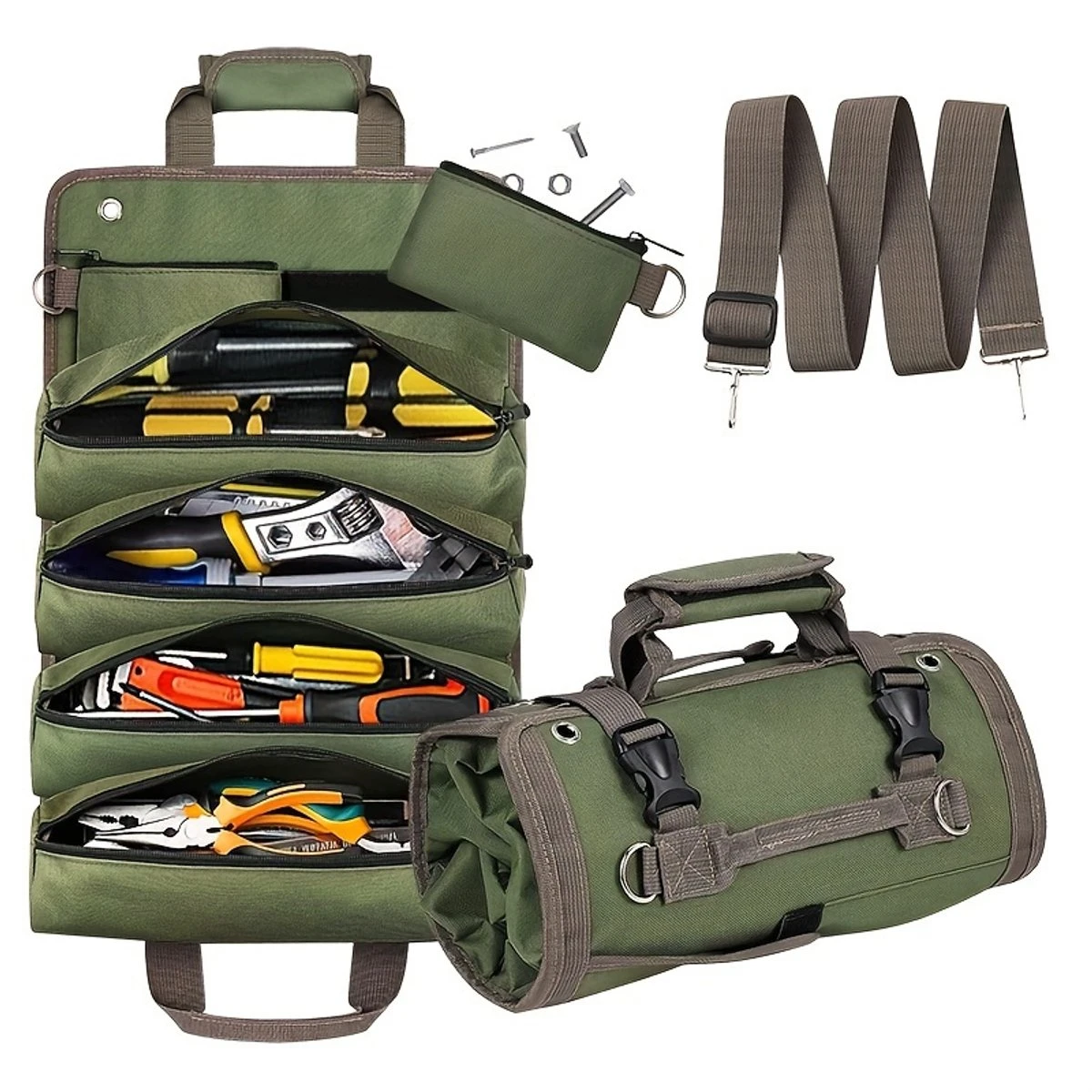 Trousse à outils enroulable étanche, poches zippées amovibles, poignée de transport