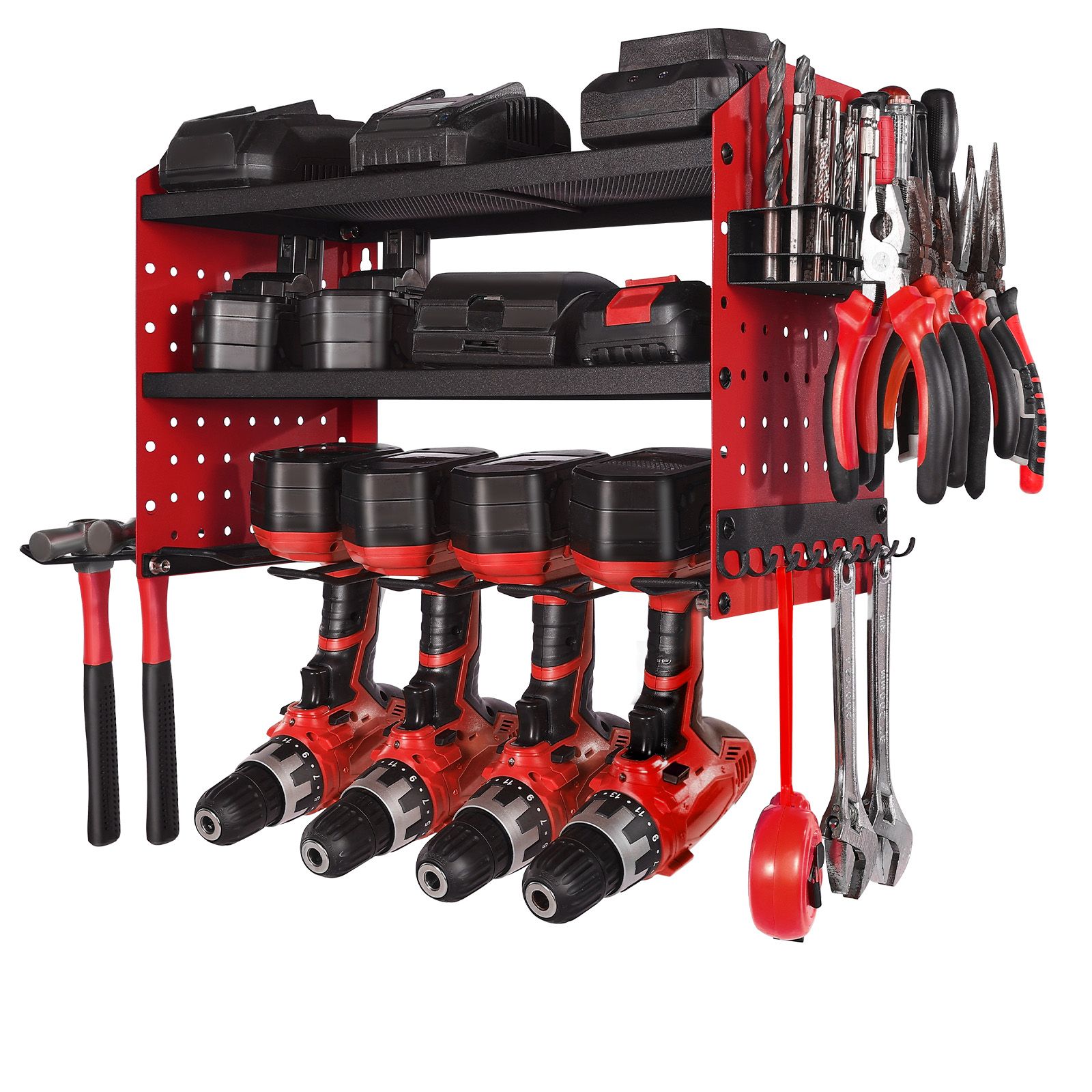 Support mural pour outils 3 niveaux avec 4 supports de perceuse, panneaux perforés latéraux et crochets, rouge