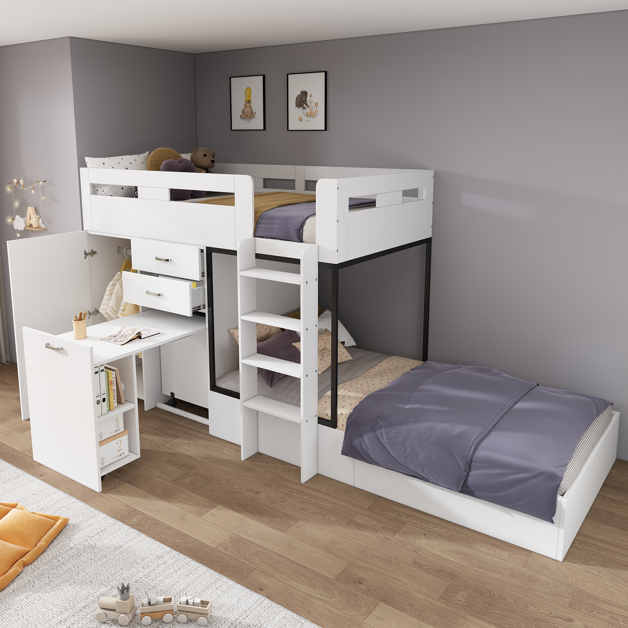 Lit Superposé Multifonction 90x200 Avec Bureau Escamotable Et Armoire, Lit Enfant Avec Tiroirs Étagères Et Échelle, Sans Matelas, Blanc