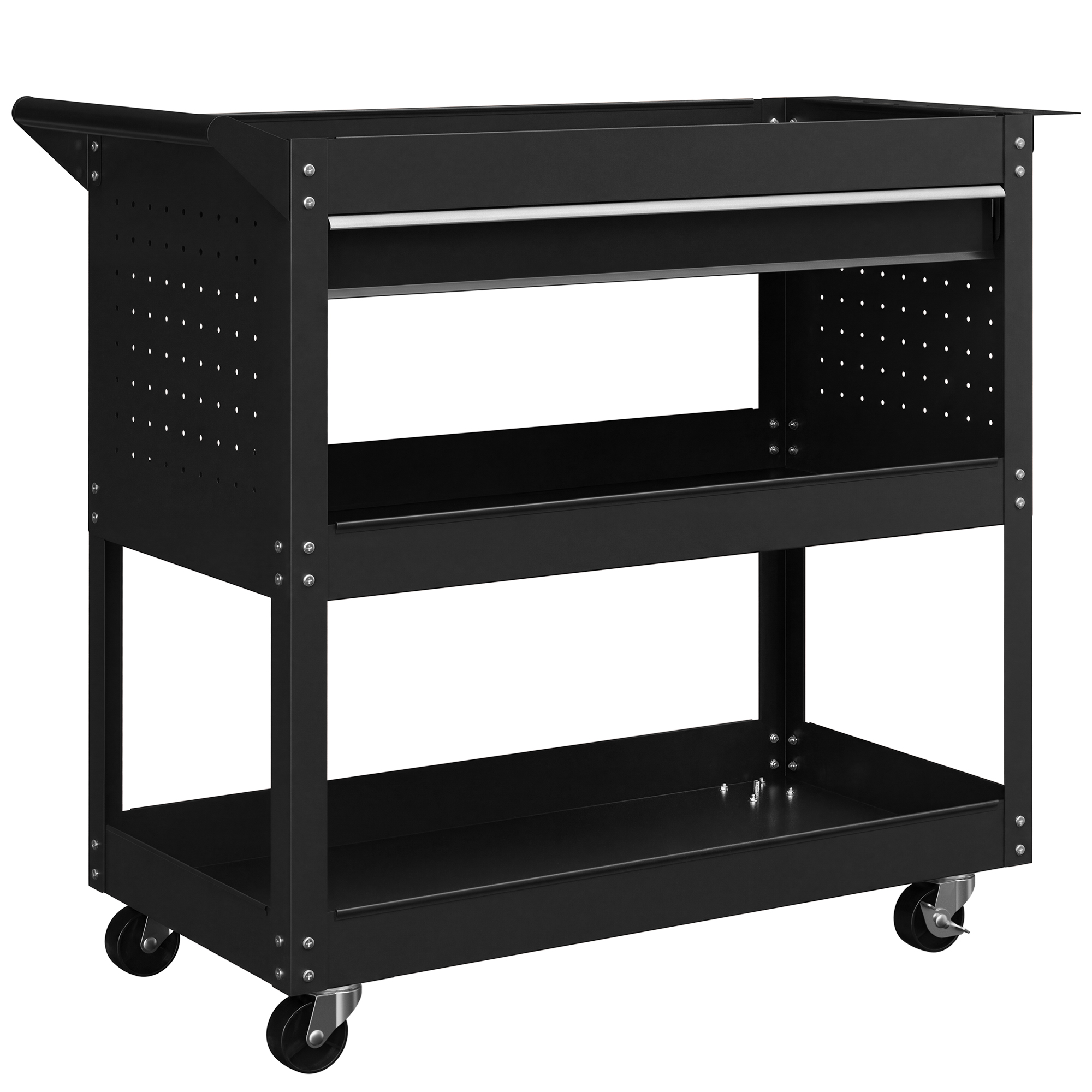 Chariot d'atelier 3 niveaux en acier avec tiroir et rangement latéral, 82x35x76 cm, noir