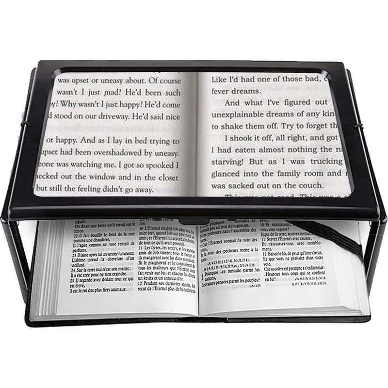 Loupe de lecture rectangulaire A4 avec 4 LED, grossissement 3x, support pliable et cordon de cou, 27,5 x 20,5 cm