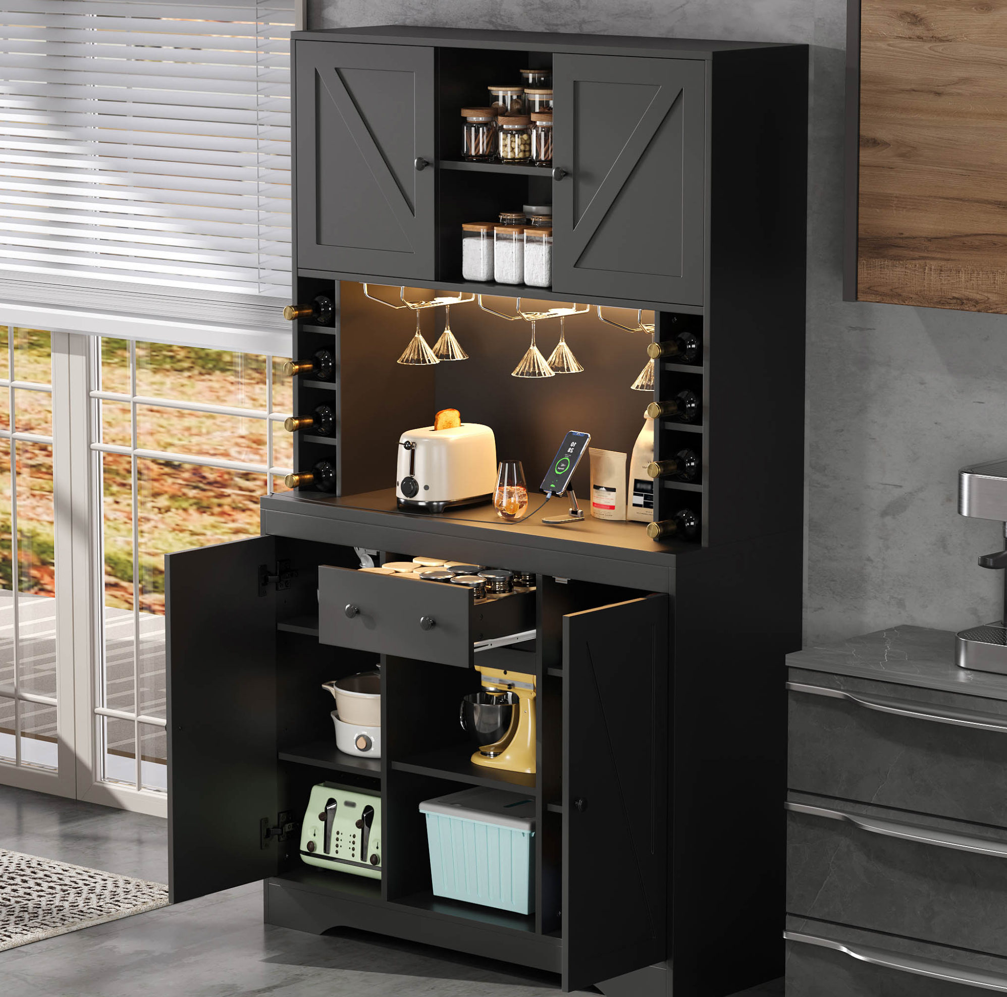 Okwish Küchensideboard Mit Led, Verstellbaren Einlegeböden, Schublade, Flaschenhalter Und Steckdosen, Schwarz, 105x40x180 Cm