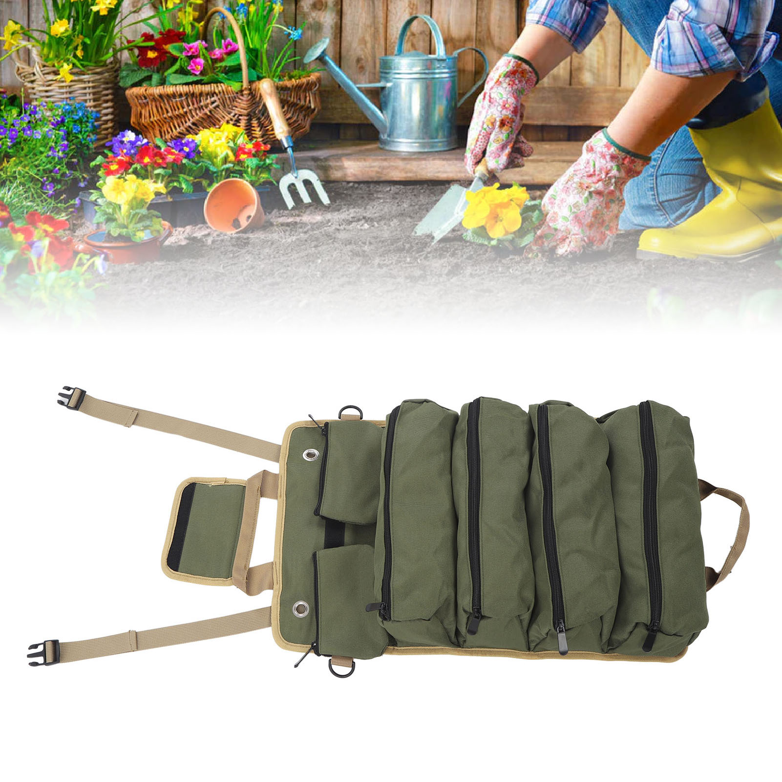 Sac à outils enroulable en toile Oxford, 49 x 33 cm déplié, vert, JUTE