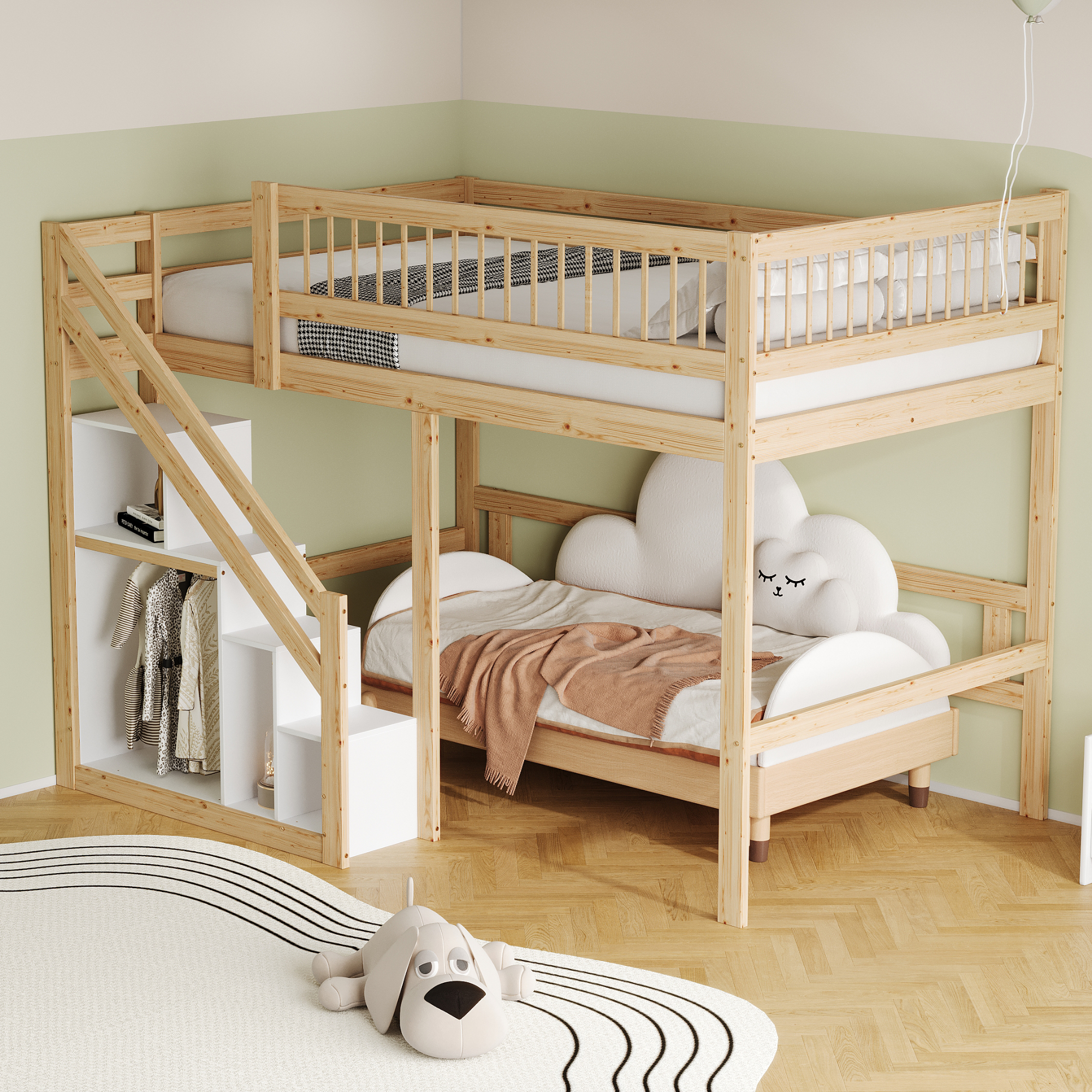 Modenvie Hochbett 140×200 Cm, Doppelbett Mit Stauraumtreppe, Schränken Und Hohem Geländer, Ohne Matratze, Holz