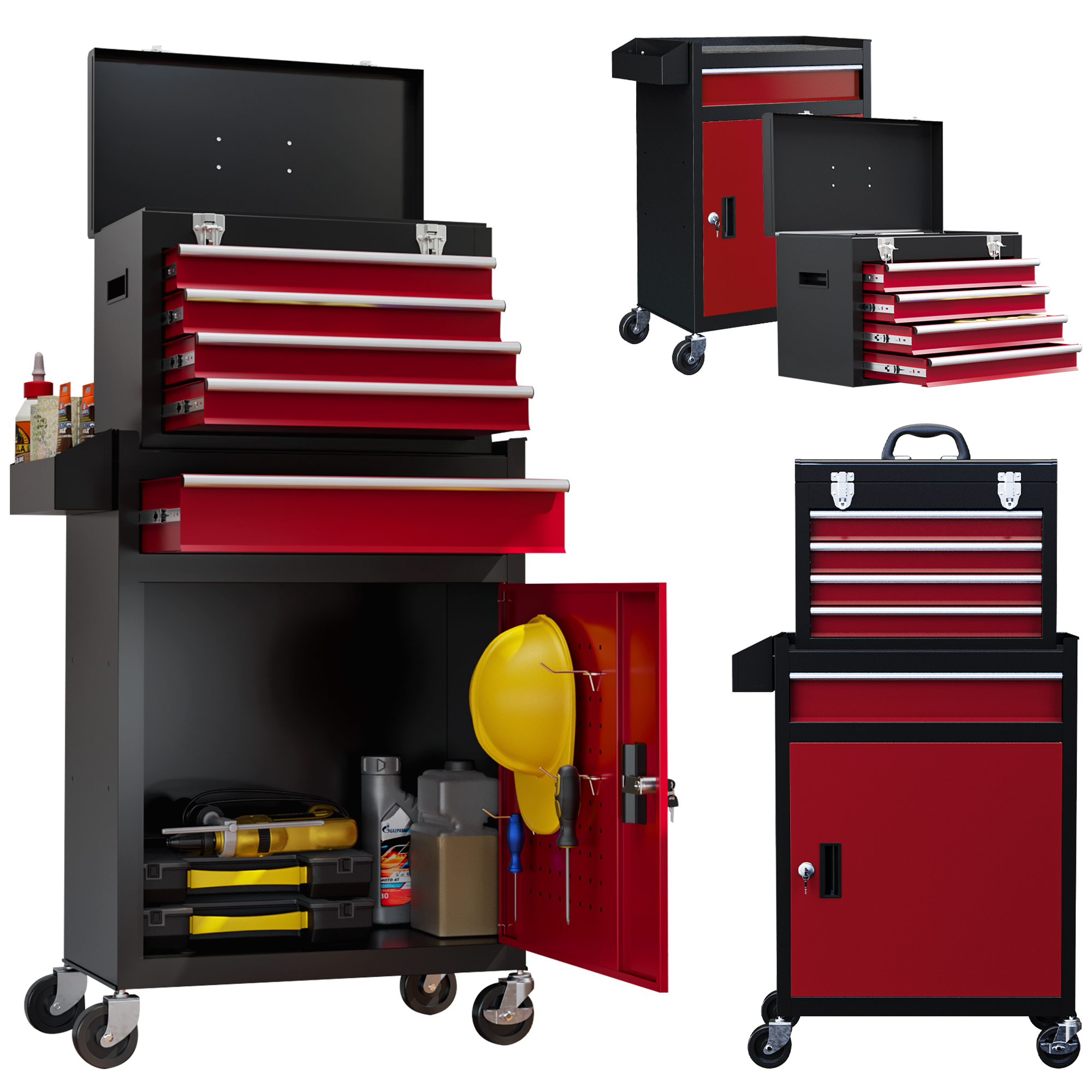 Servante d'atelier à outils 5 tiroirs en acier rouge, coffre amovible et armoire inférieure