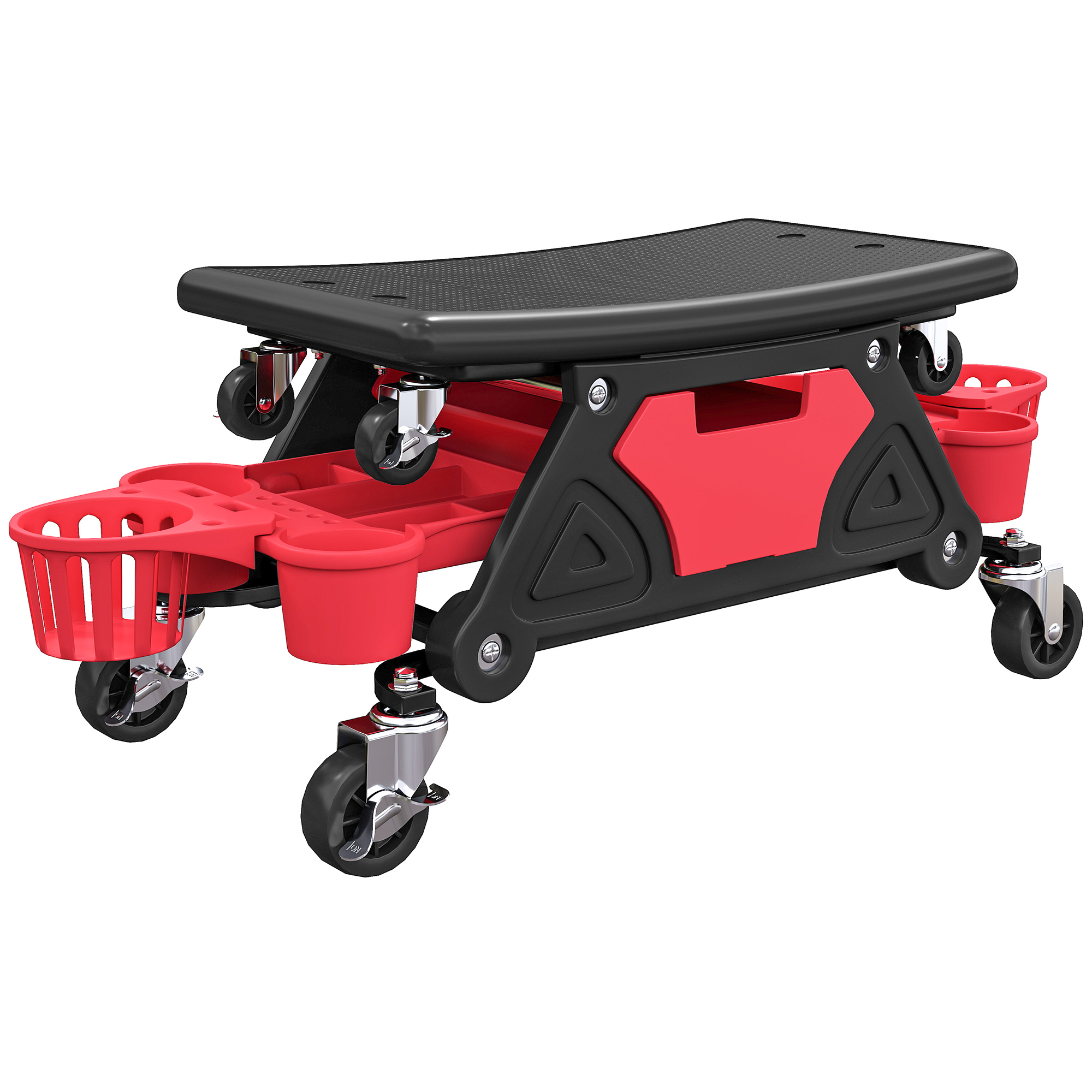 Tabouret d'atelier mobile pivotant 360° avec roulettes, tiroir et plateaux, 86x33x33 cm, rouge
