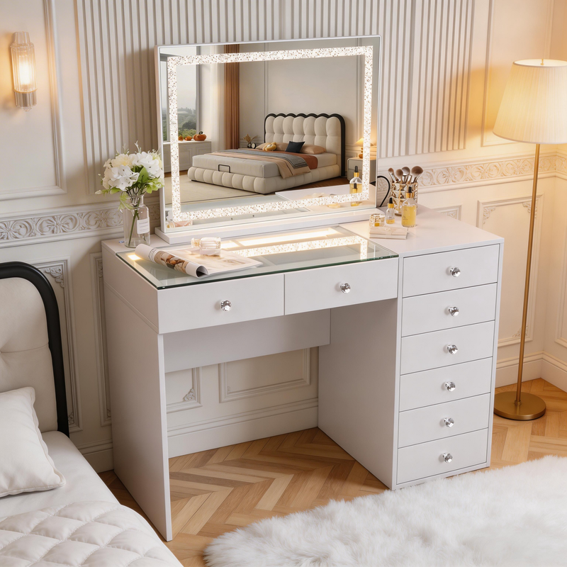 Fenchilin Coiffeuse Avec Miroir Led Bluetooth 8 Tiroirs Blanc 120 X 55