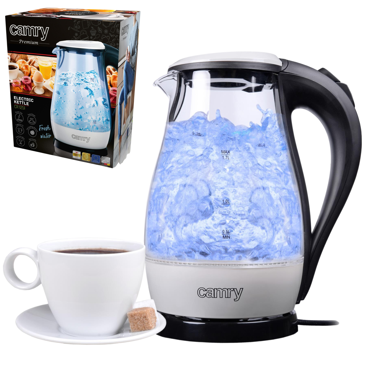 Camry Cr 1251 Standard-wasserkocher 2000 W 1,7 L Glas 360° Drehbarer Sockel Glas/schwarz