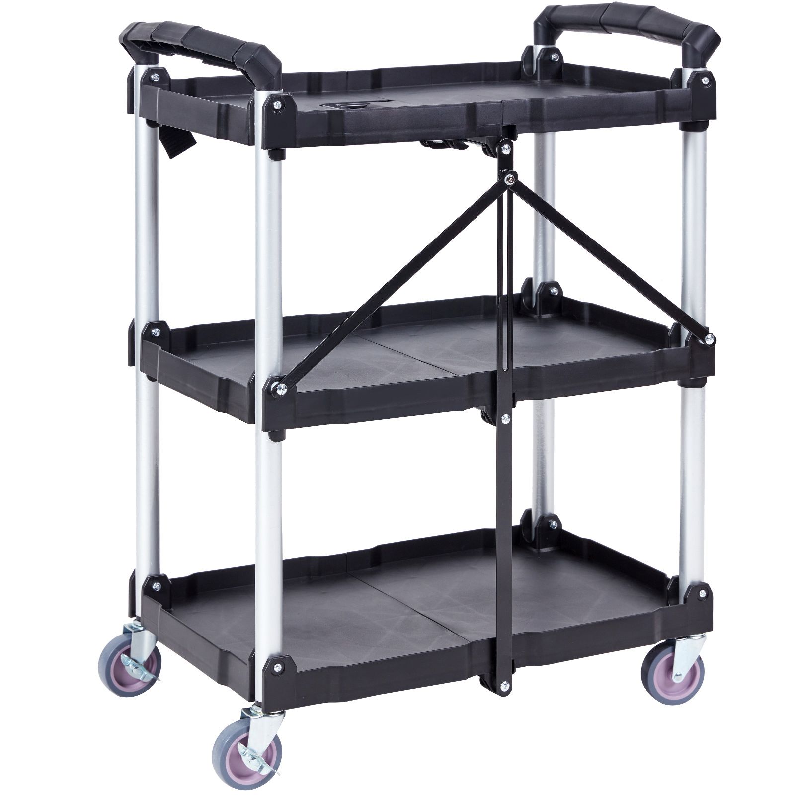 Chariot de service pliable à 3 étagères en polypropylène, roulettes pivotantes verrouillables, 65,1 x 39,2 x 83,2 cm