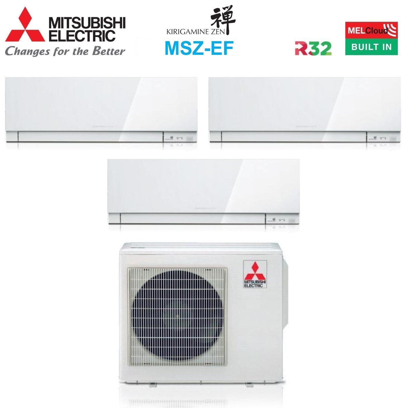 Climatizzatore Condizionatore Mitsubishi Electric Trial Split Inverter Serie Kirigamine Zen White Msz-ef 7+9+9 Con Mxz-3f68vf R-32 Wi-fi Integrato Colore Bianco 7000+9000+9000