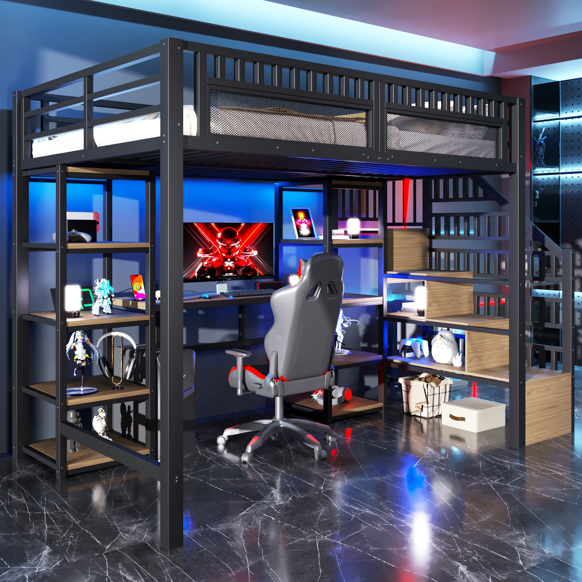 Stilvora Hochbett 140 X 200 Cm Mit Schreibtisch, Led, Usb, Regalen Und Stauraumtreppe, Ohne Matratze, Aus Metall, Schwarz