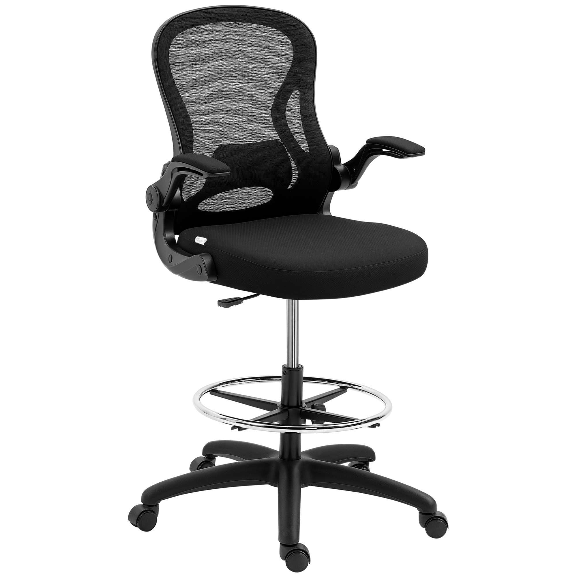 Vinsetto Bürostuhl, Ergonomischer Zeichenstuhl Mit Verstellbarem Fußring, Drehstuhl, 102-122 Cm Höhenverstellbarer Arbeitsstuhl Mit Rollen Und Lendenwirbelstütze, Schwarz