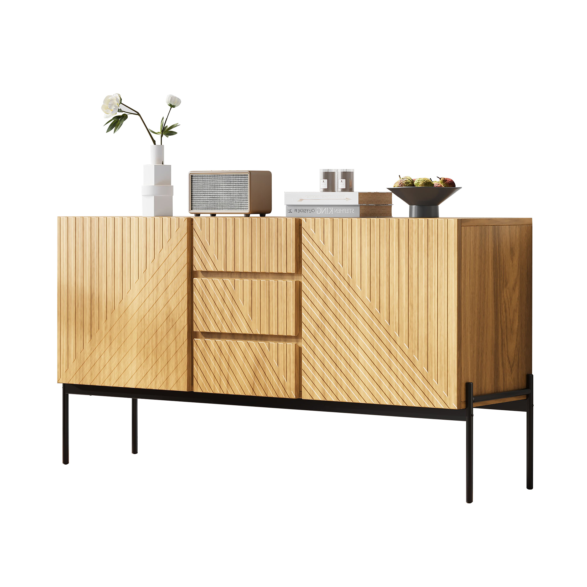 Stilvora Sideboard Mit 2 Türen Und 3 Schubladen, Verstellbarem Einlegeboden, Metallbeinen, Für Wohnzimmer, 140×40×75 Cm
