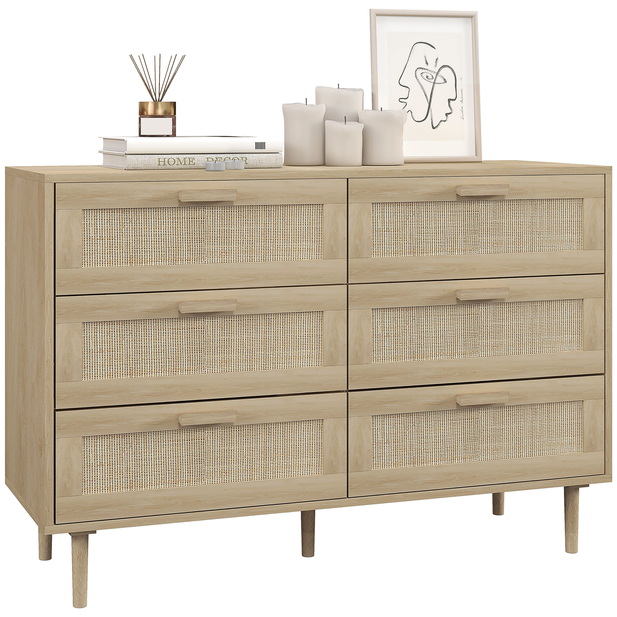 Homcom - Commode 6 Tiroirs Style Bohème Chic - Dim. 110l X 40l X 75h Cm