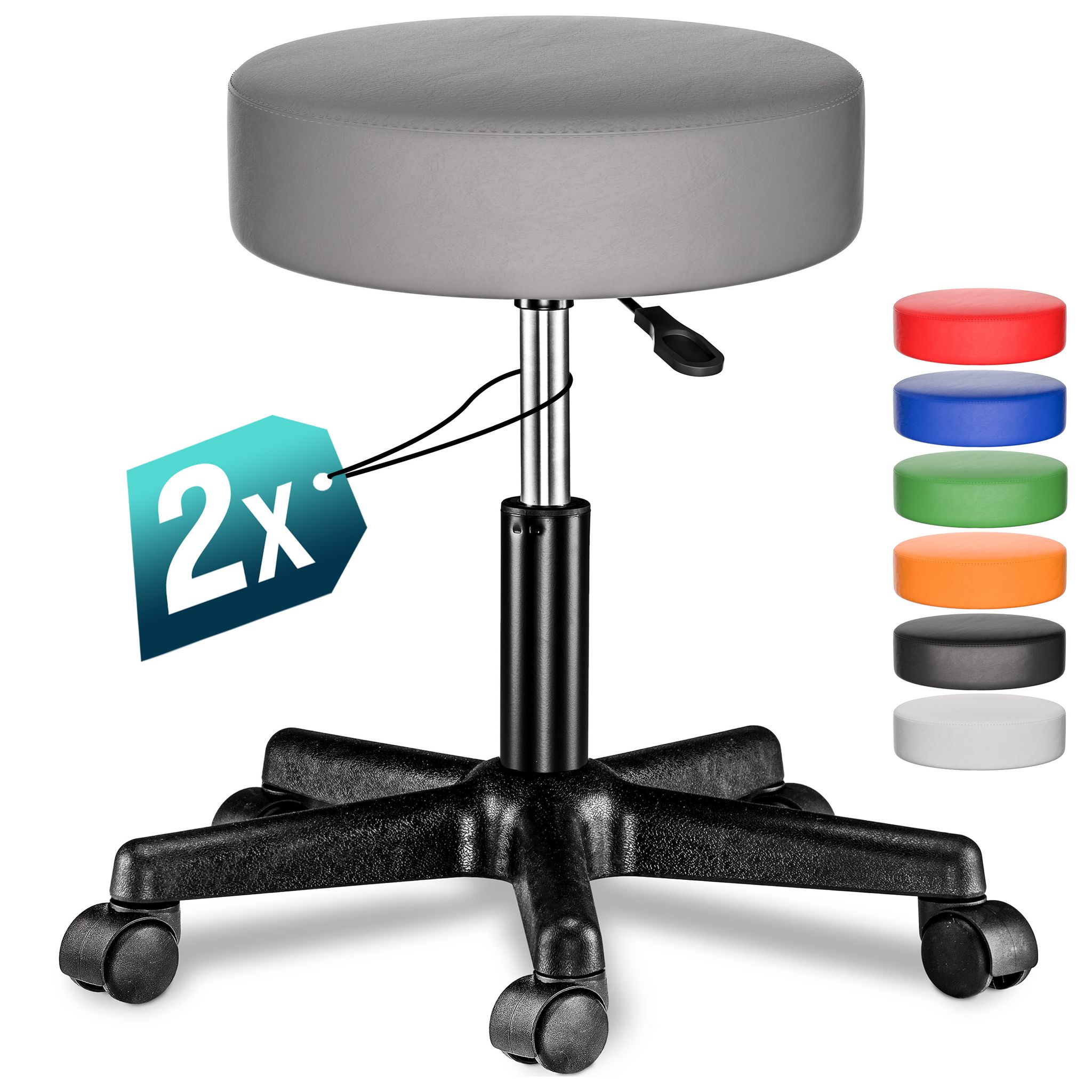Casaria® Rollhocker Höhenverstellbar 10cm Polsterung 46-60cm Sitzhöhe 360° Drehbar Ø35cm Rund Rollen Bürohocker Drehhocker Arbeitshocker Hocker  2er Set Grau