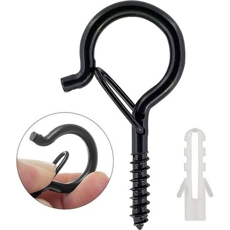 Crochet à vis de plafond robuste en acier 4 mm avec boucle de sécurité en Q, noir, lot de 20