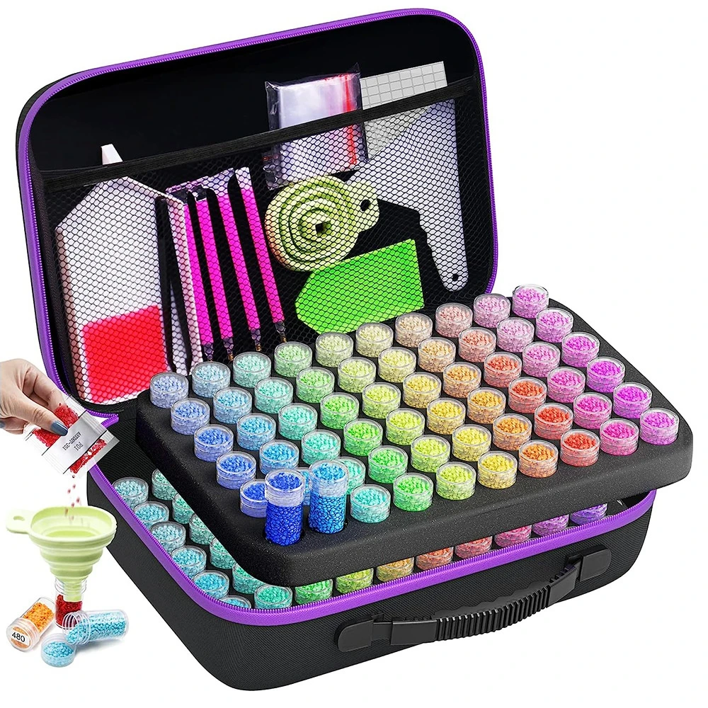 Kit de rangement pour peinture diamant, 120 flacons à bouchon à vis, base en mousse et poche filet, noir et violet