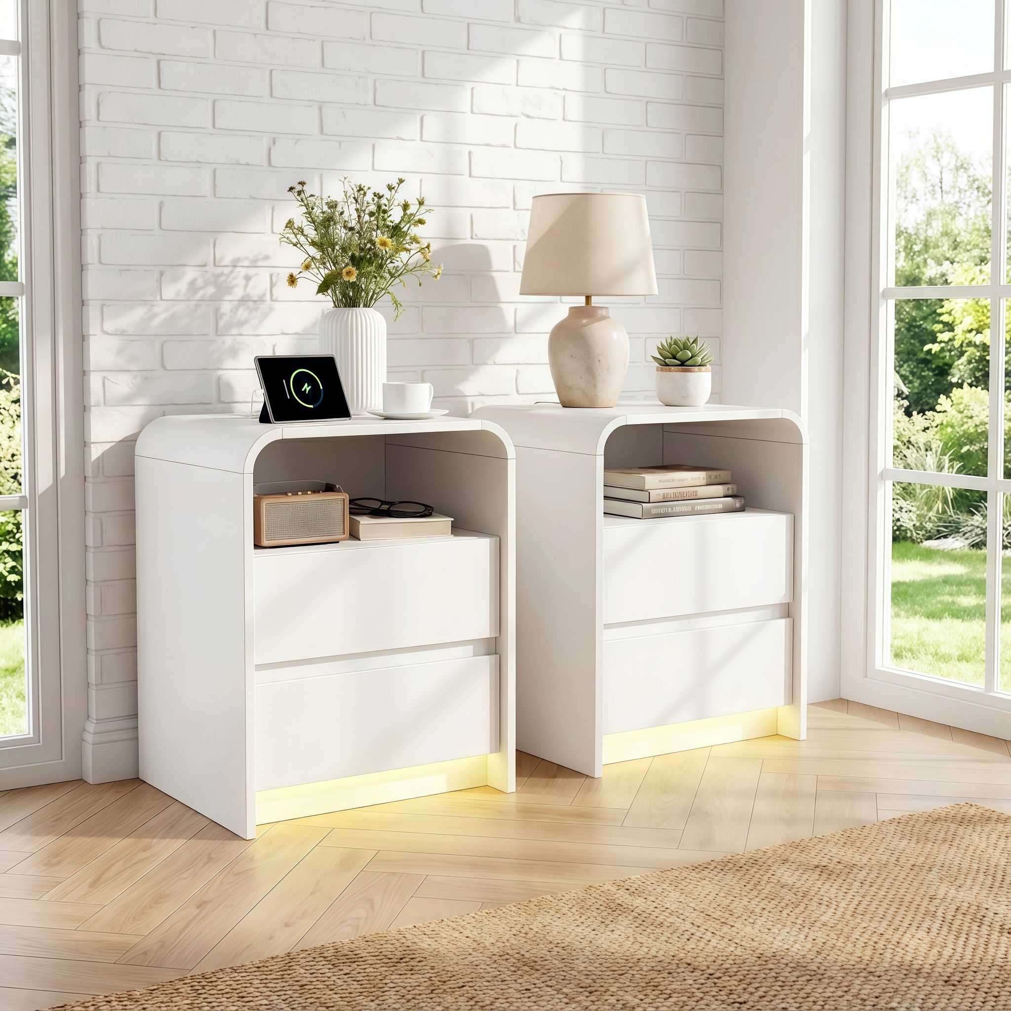 Lot De 2 Tables De Chevet Blanches Avec Station De Charge Usb Type-c Et