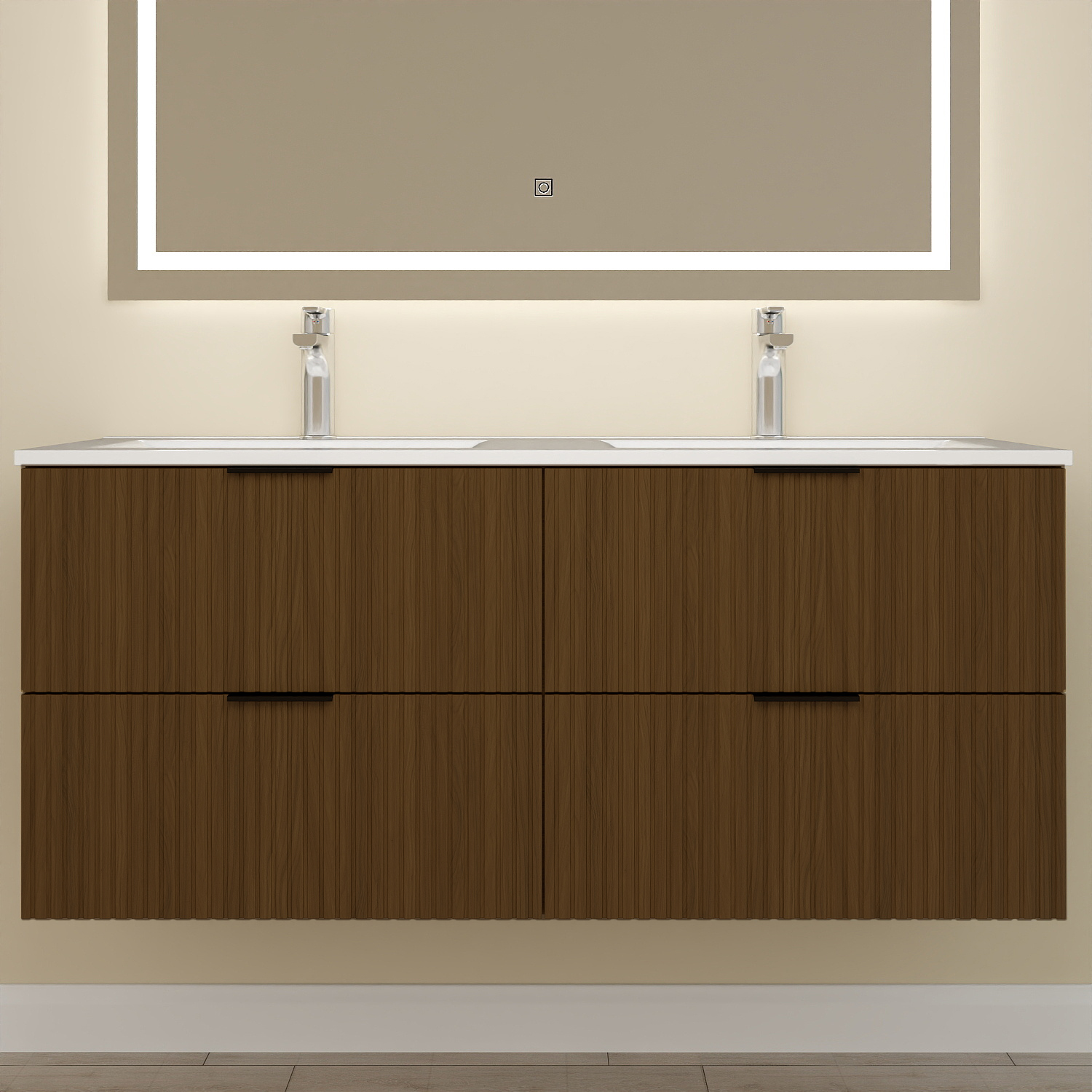 Aica Sanitaire – Meuble De Salle De Bain Suspendu 120 Cm – Noyer – 4 Tiroirs – Vasque Double En Céramique – Installation Murale – Mdf Résistant À L'Humidité