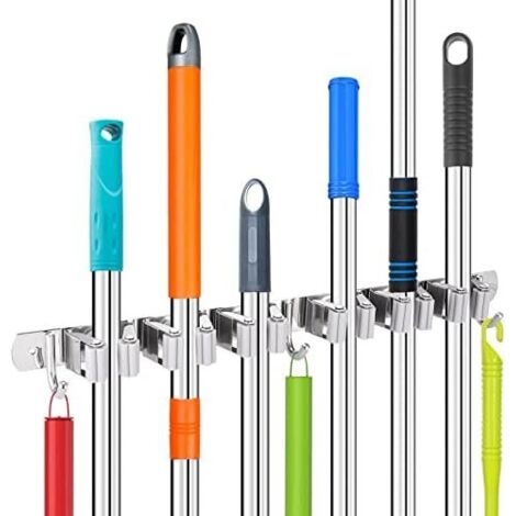 Porte-balai mural en acier inoxydable 304, 6 supports et 3 crochets, gris
