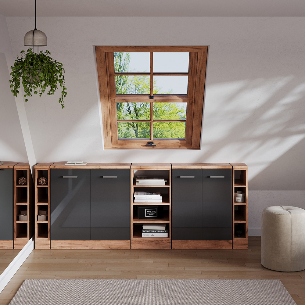 Dachschrägenschrank-set Rion, Anthrazit Hochglanz, 210 Cm 5er Set Schrankkorpuss 60 Cm Tiefe, Vicco