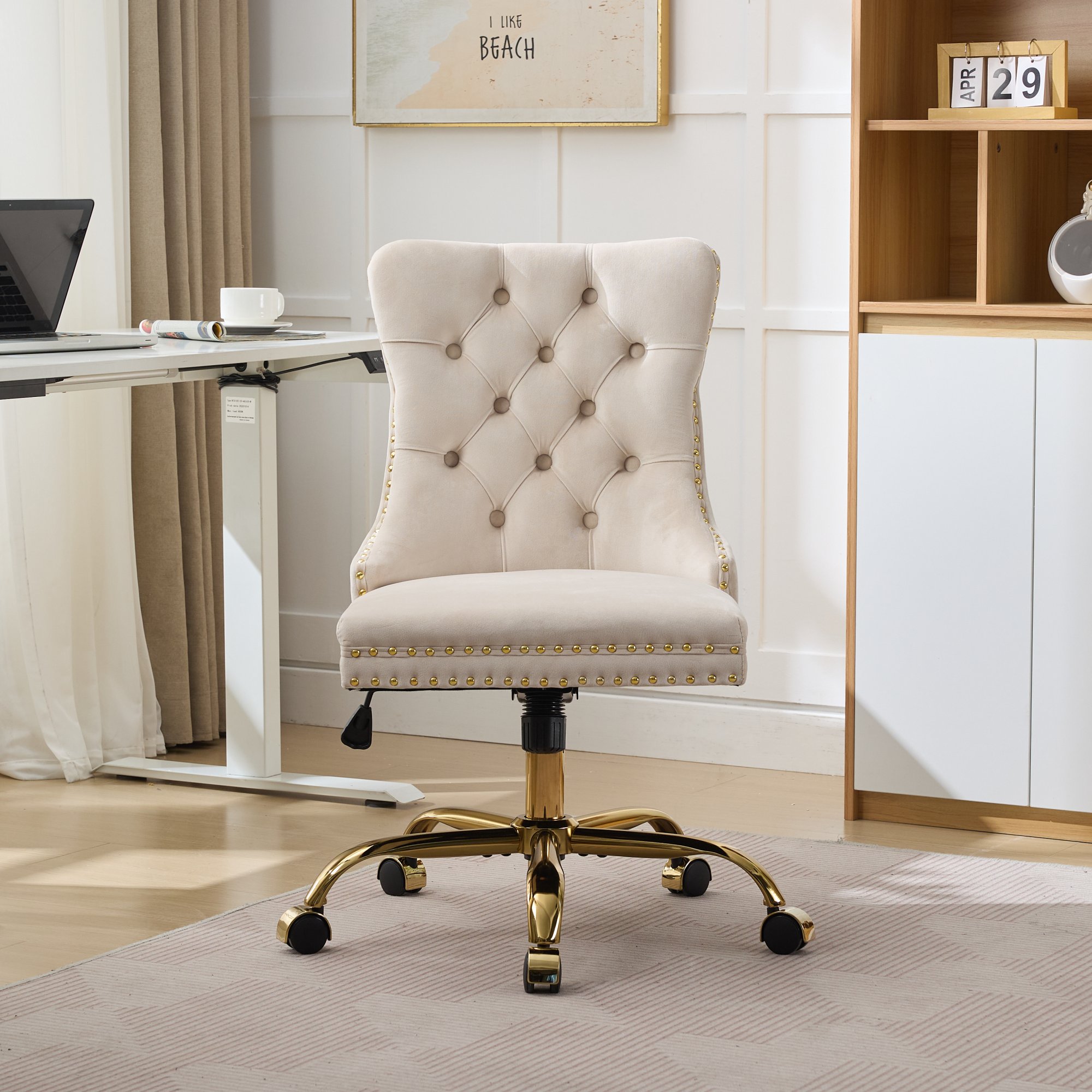 Chaise De Bureau Velours Capitonné Beige, Fauteuil Pivotant Doré Réglable Design Élégant De1923bg