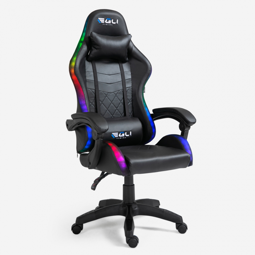 Sedia Poltrona Gaming Led Rgb Ergonomica Ufficio Cuscino Lombare Po...