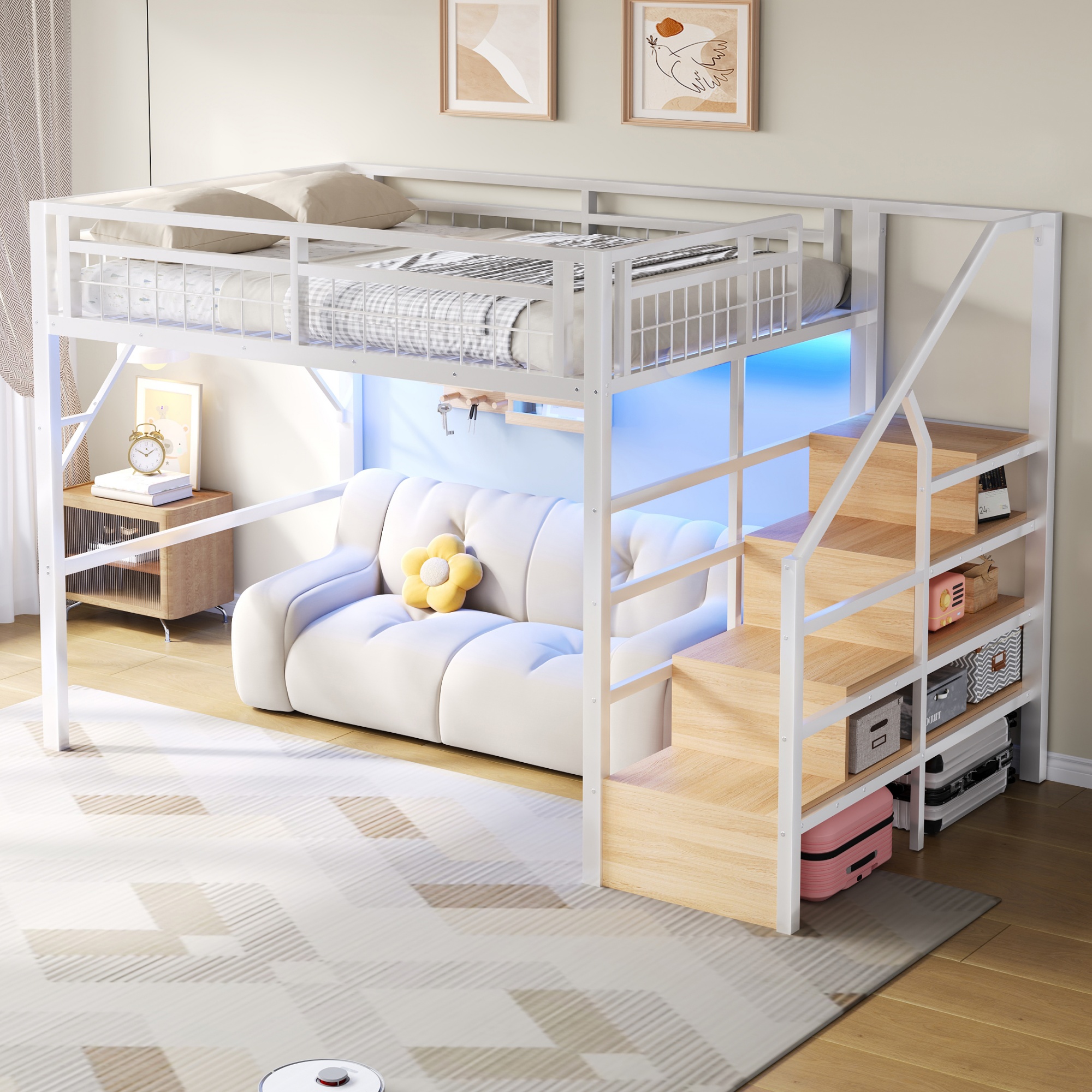 Modenvie Hochbett 140x200 Jugendbett Mit Led-lichtleiste Und Stauraumtreppe, einzelbett Mit Sicherheitsgeländer, freier Raum Zum Verkleiden Nach, weiß(ohne
