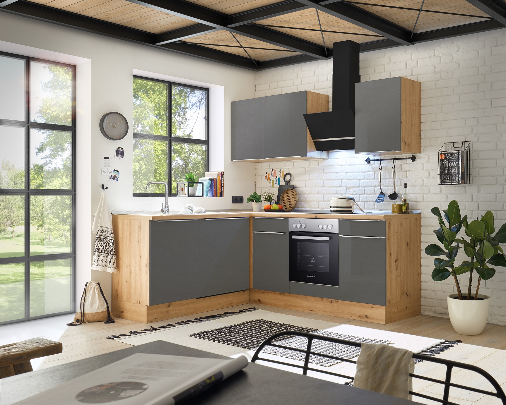 Küche Küchenzeile Winkelküche Marleen Premium 220 Cm Grau Artisan Eiche Respekta