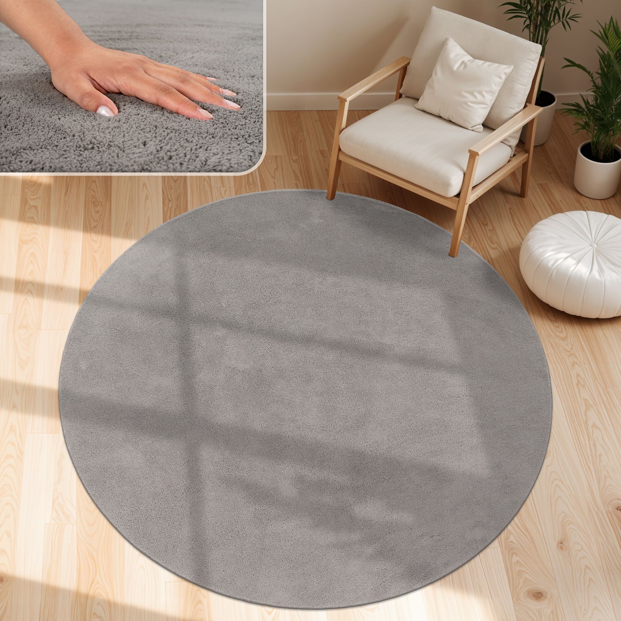 Paco Home - Moderner Wohnzimmer Teppich Kurzflor Waschbar Weich Einfarbig Felloptik Anti-rutsch Grau, 200 Cm Rund