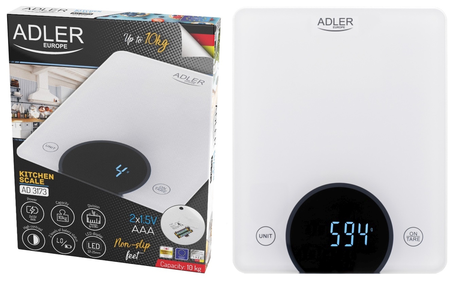 Adler AD 3173W, Elektronische Küchenwaage, 10 kg, 1 g, Weiß, Glas, Integriert - Bild 2