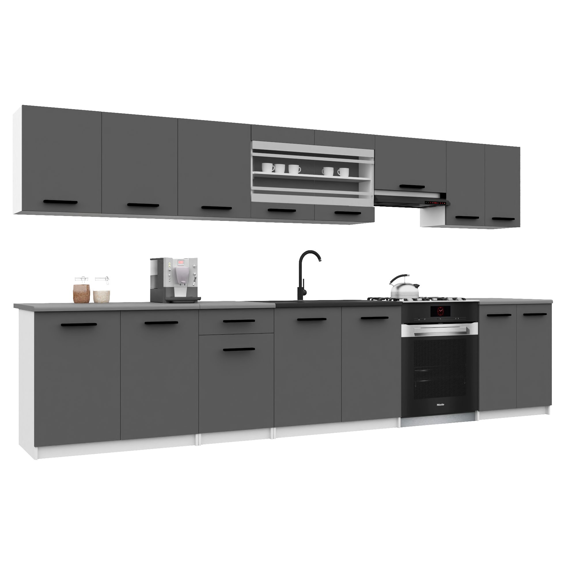 Belini Italia 3 Cuisine Equipée Modulaire Complète - 320 Cm. Meubles Hauts Bas Avec Plan De Travail, Gris Mat