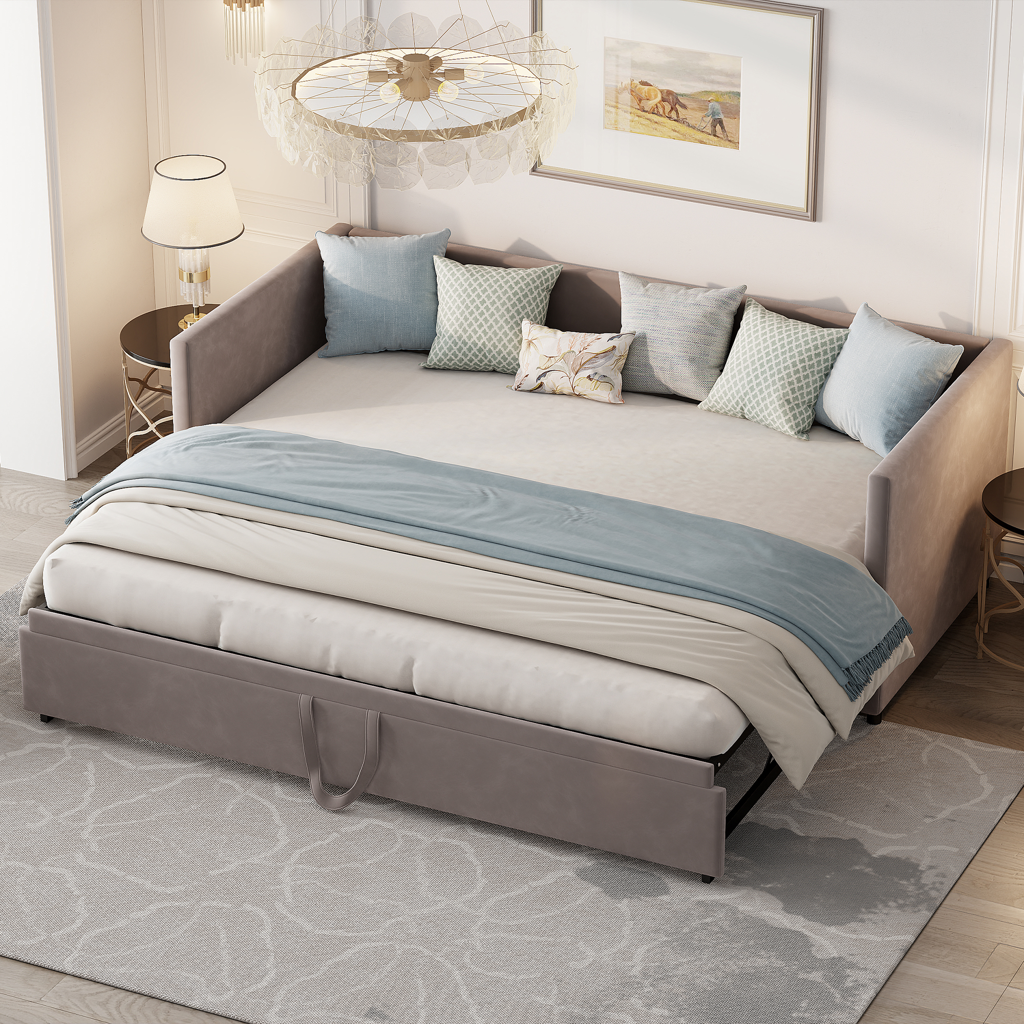 Lit Gigogne 90/180x200 Cm,lit Capitonné Canapé,lit Multifonctionnel Avec Dossier Et Accoudoirs,matelas Non Inclus,velours,gris