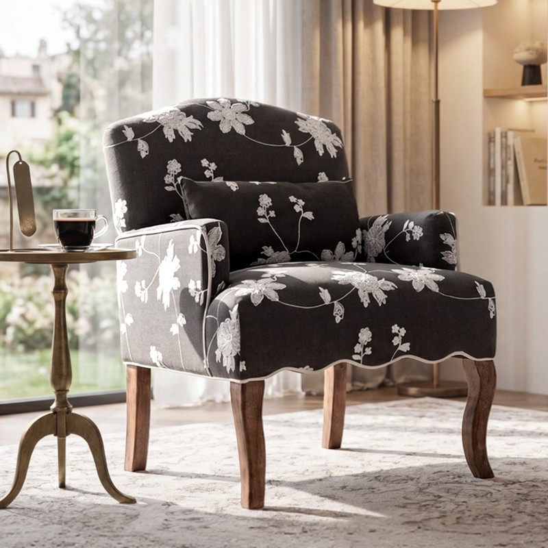 Wahson Fauteuil Salon Confortable En Lin, Chaise Vintage Avec Pieds En Bois, Fauteuil Imprimé Pour Salon, Chambre, Bureau, Gris