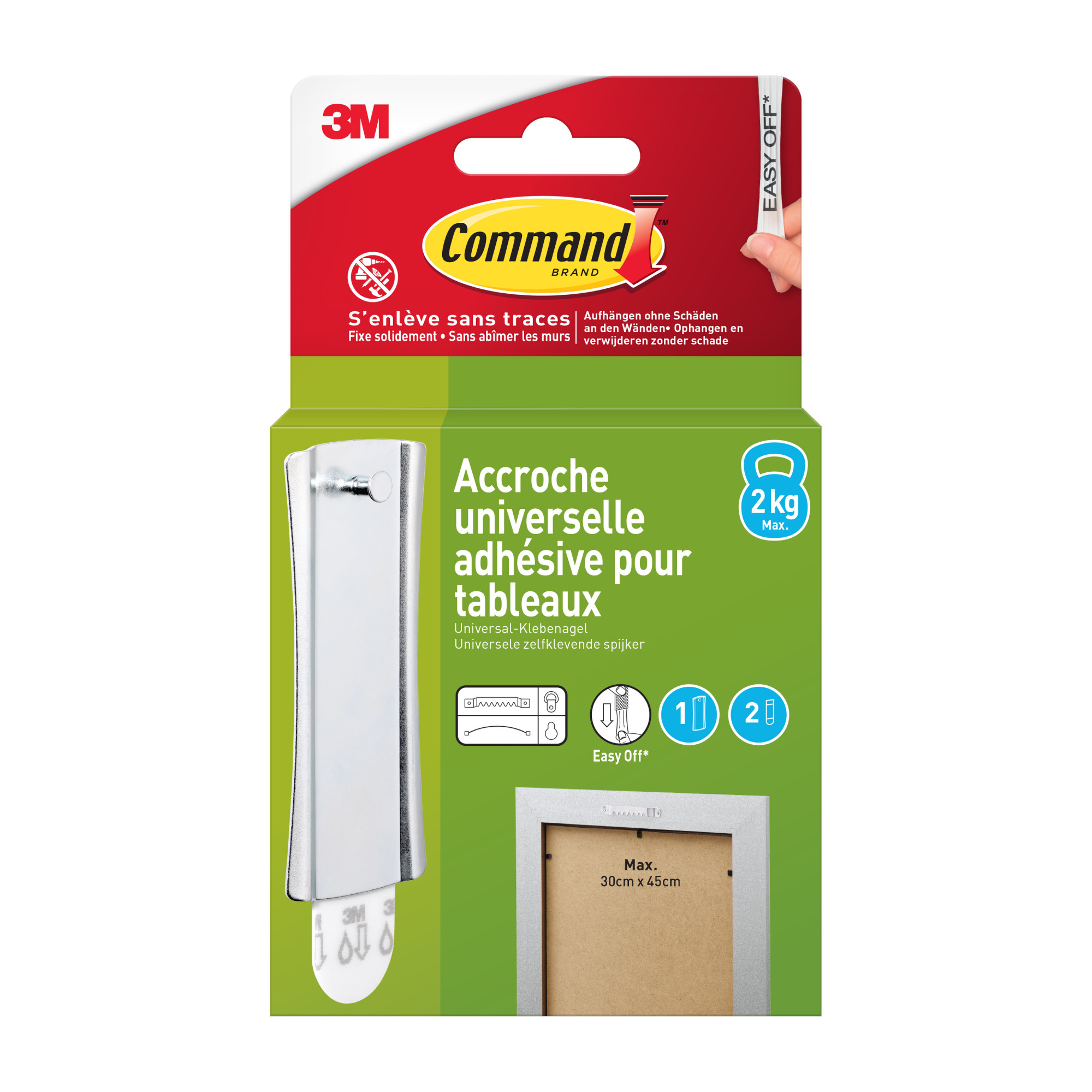 Lot de 2 accroches-tableaux adhésives universelles avec 4 languettes, sans perçage, argenté