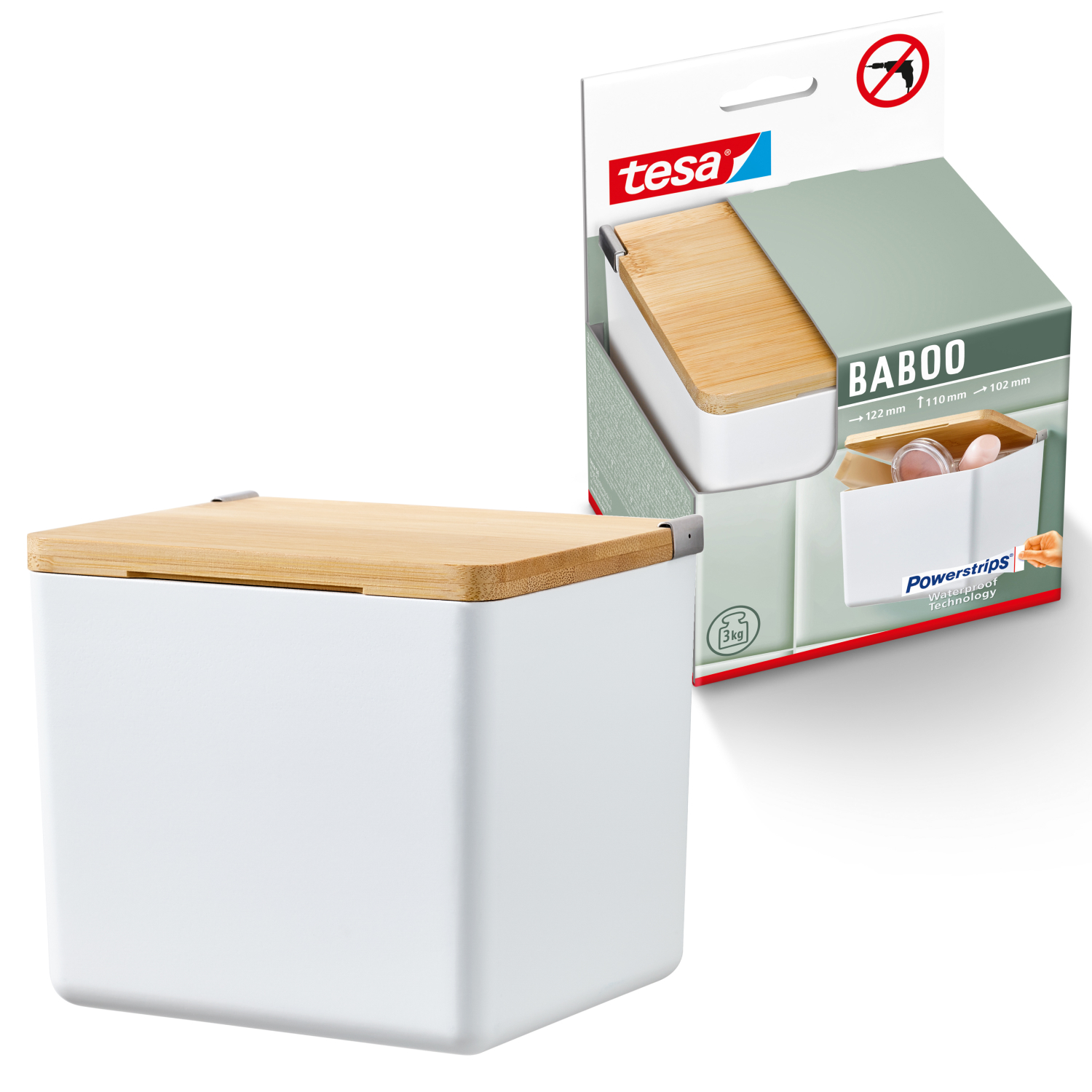 Baboo Badorganizer S Mit Bambus-deckel, Matt-weiß - Bad-aufbewahrungsbox Zur Wandmontage Ohne Bohren, Inkl. ® Powerstrips Waterproof Strips Xl - 122 Mm X 110 Mm X 102 Mm - Tesa