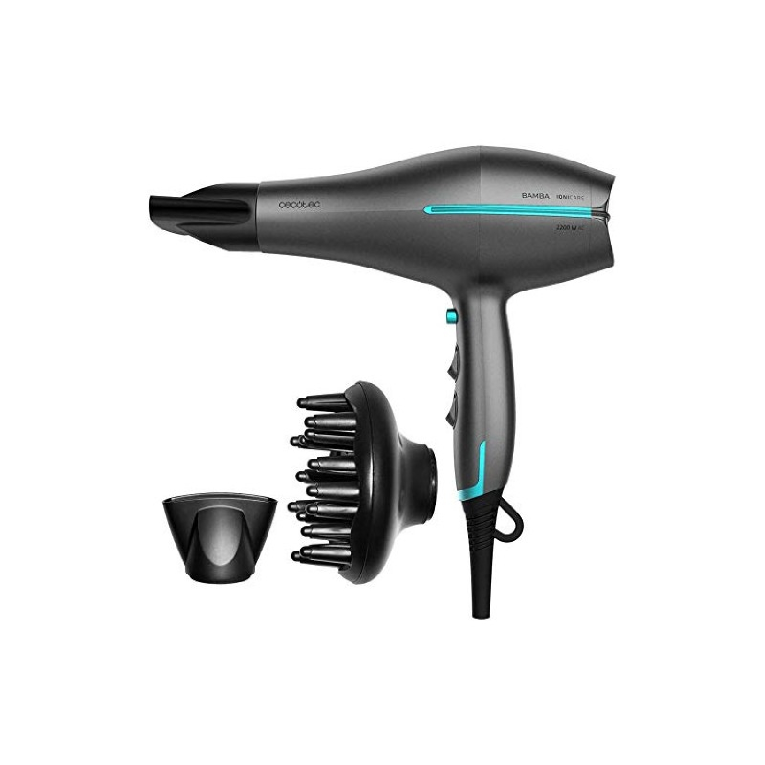 Cecotec Secador de Pelo Iónico Bamba IoniCare 5300 Maxi Aura Black. 2200 W, Motor AC, Función de Aire frío, Cable 1.8 m, Incluye Difusor y Concentrador, Negro