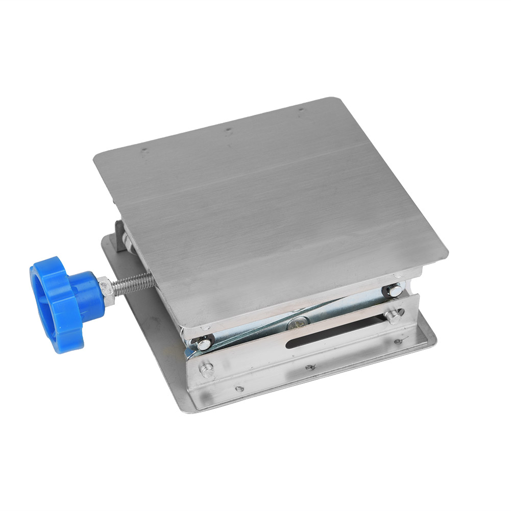 Plateau de levage à ciseaux en acier inoxydable 304, hauteur réglable jusqu'à 160 mm, 100 x 100 mm, poignée bleue