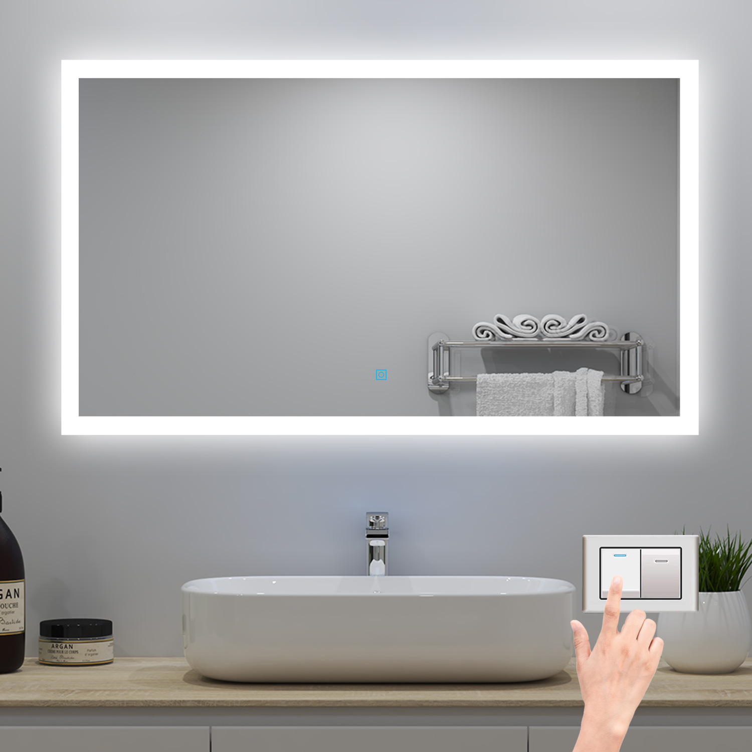 Miroir Lumineux 80 X 60cm Avec 3 Couleurs + Dimmable + Anti-buée